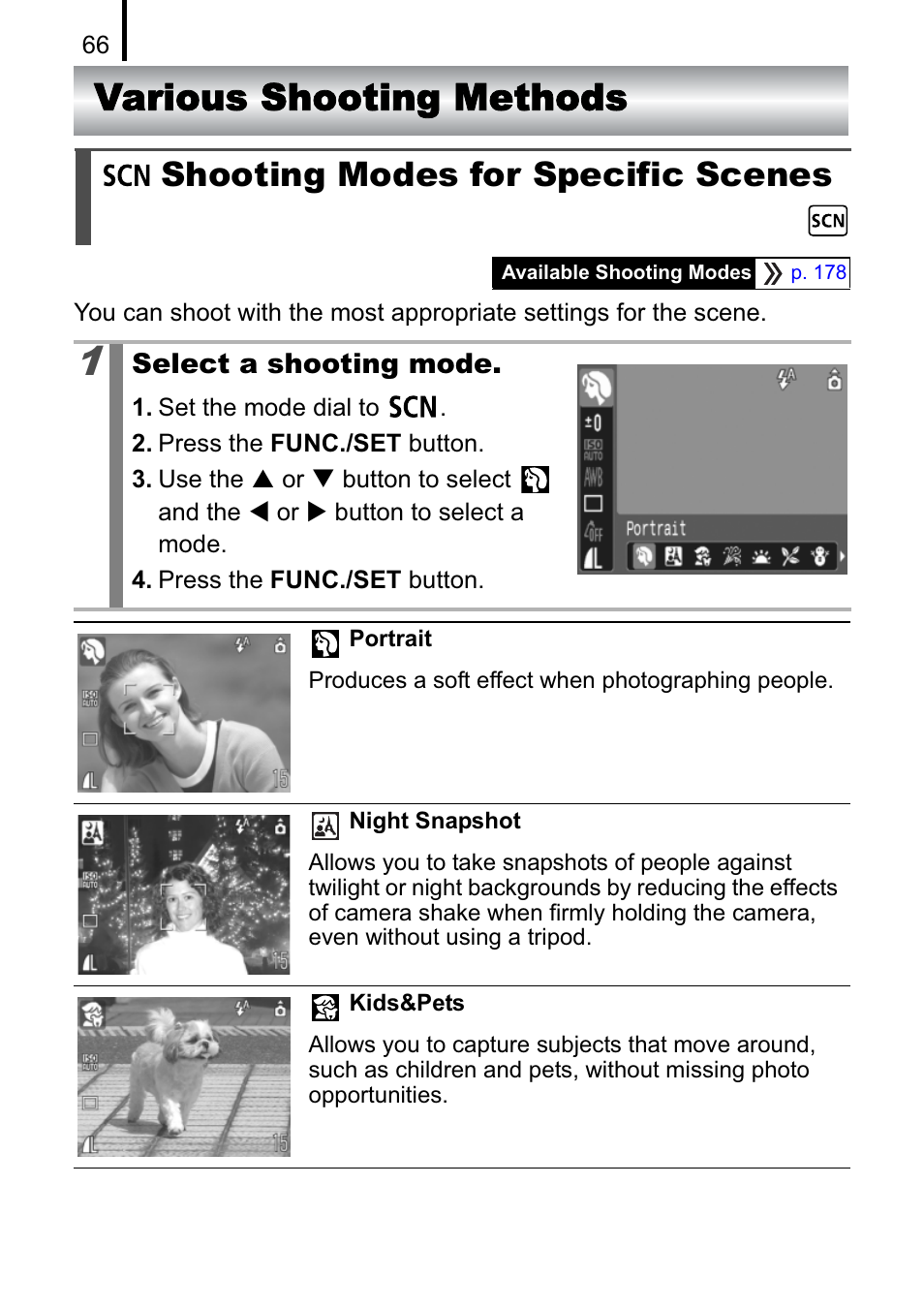 Various shooting methods, Shooting modes for specific scenes | Canon A470 User Manual | Page 68 / 184