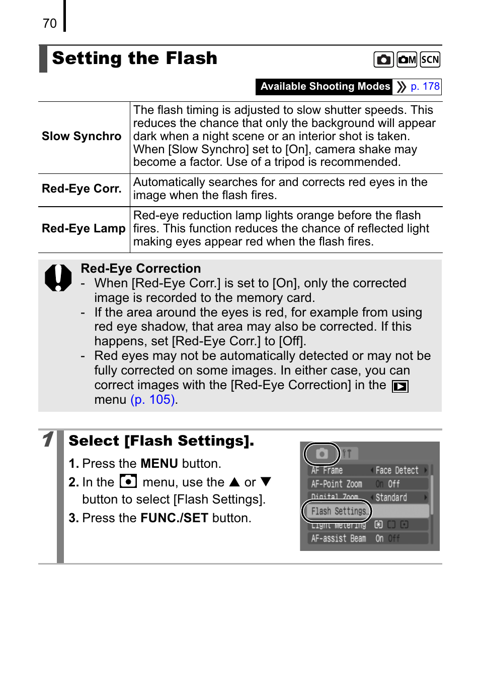 Setting the flash | Canon A470 User Manual | Page 72 / 184