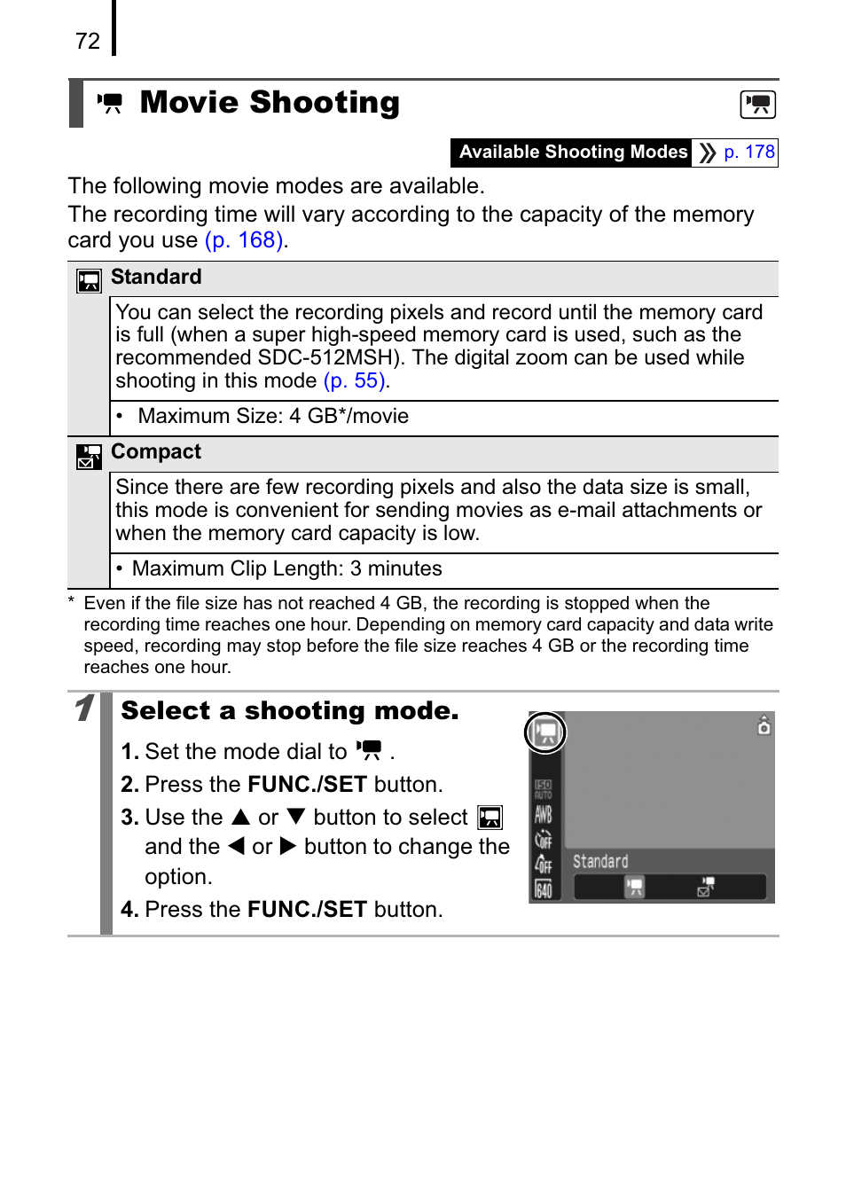 Movie shooting | Canon A470 User Manual | Page 74 / 184