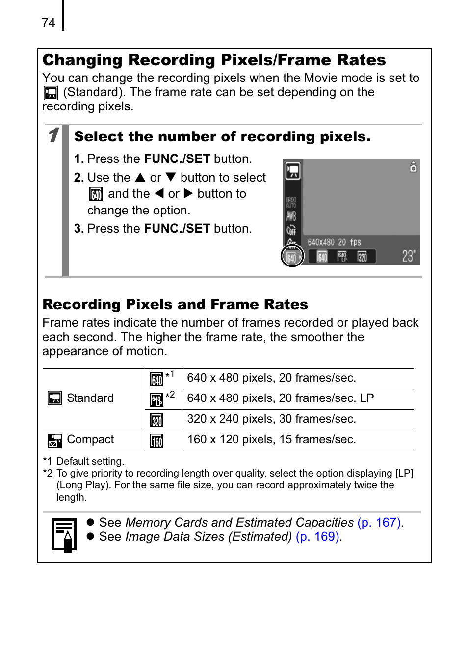 Changing recording pixels/frame rates | Canon A470 User Manual | Page 76 / 184