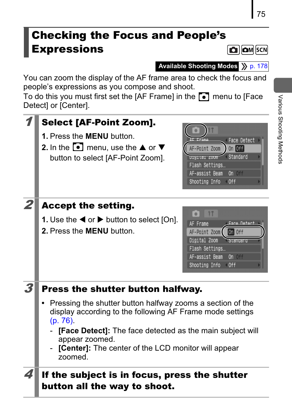 Checking the focus and people’s expressions | Canon A470 User Manual | Page 77 / 184