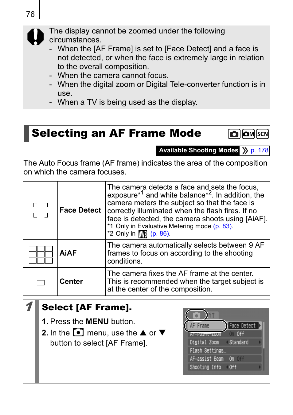 Selecting an af frame mode, Select [af frame | Canon A470 User Manual | Page 78 / 184