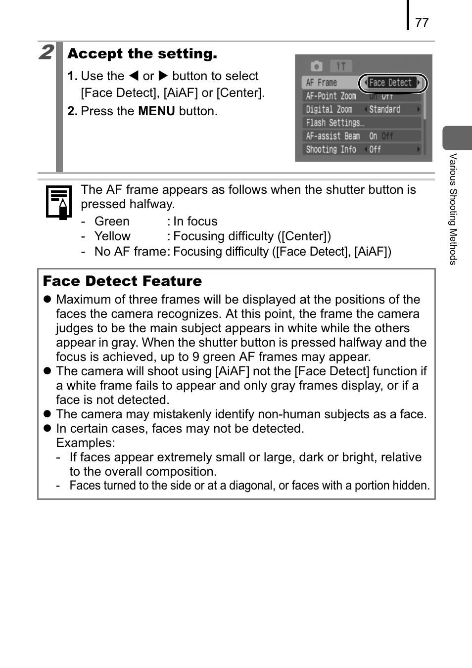 Accept the setting, Face detect feature | Canon A470 User Manual | Page 79 / 184