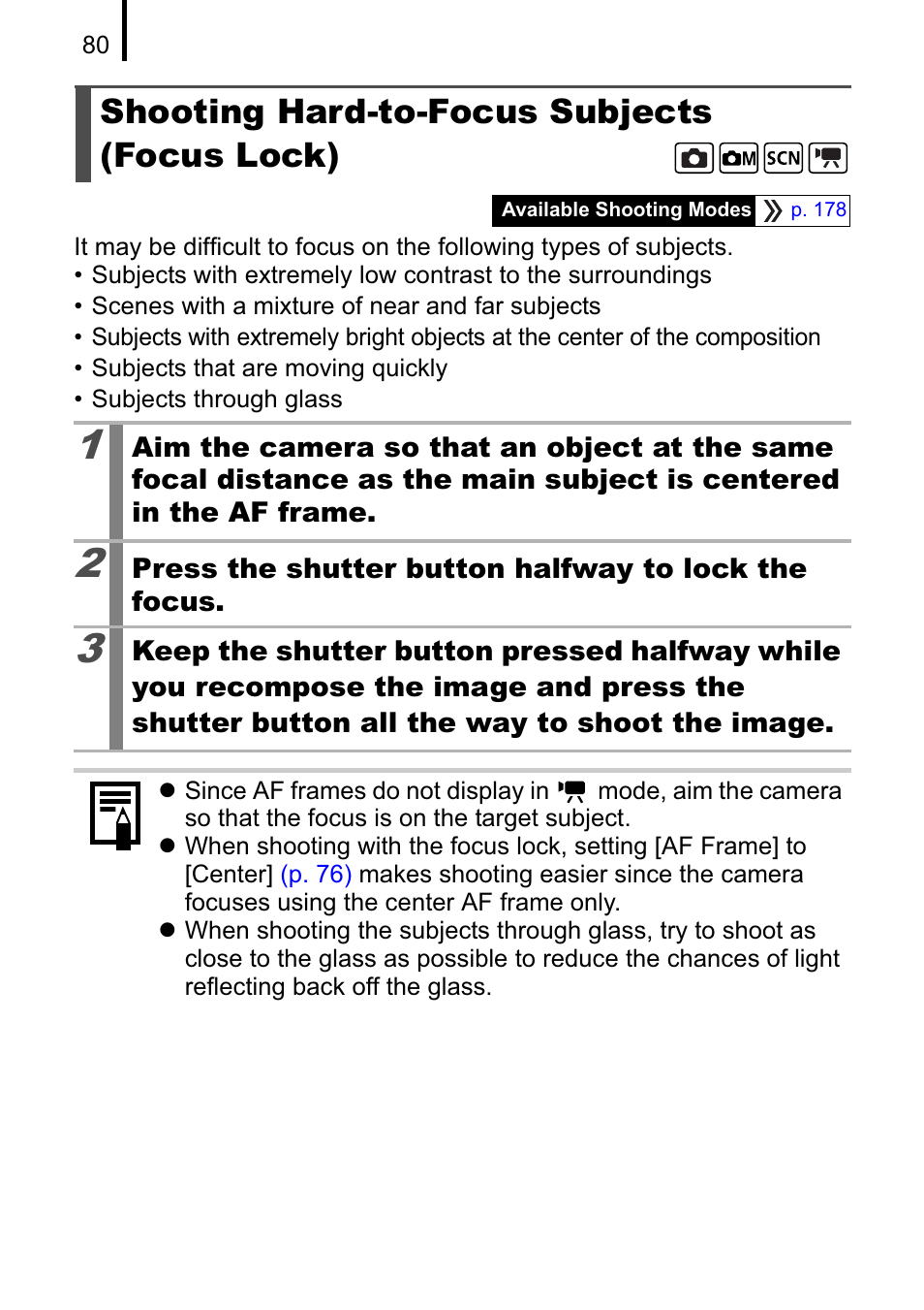 Shooting hard-to-focus subjects (focus lock) | Canon A470 User Manual | Page 82 / 184