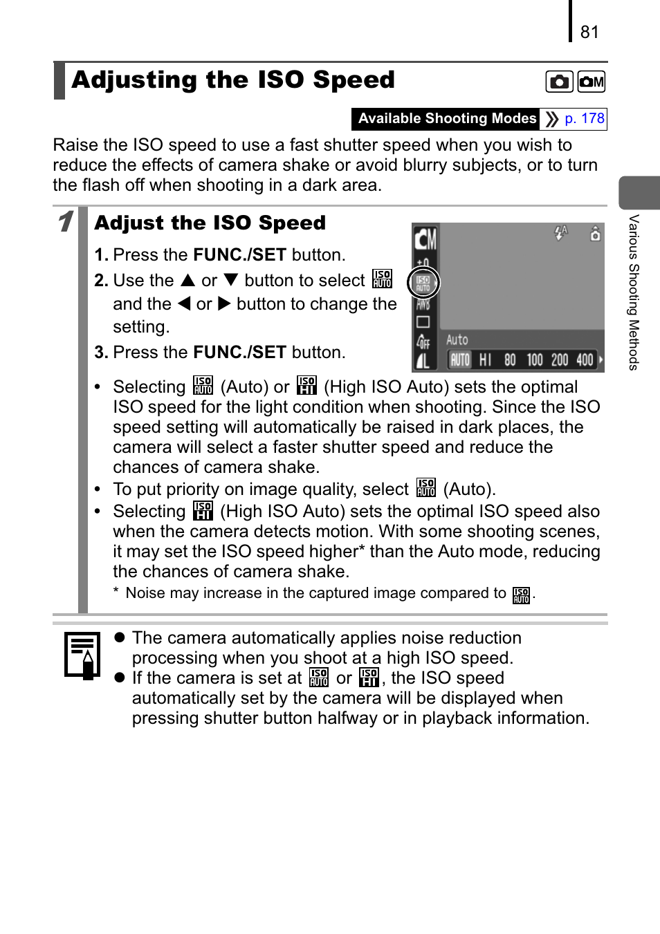 Adjusting the iso speed, Adjust the iso speed | Canon A470 User Manual | Page 83 / 184