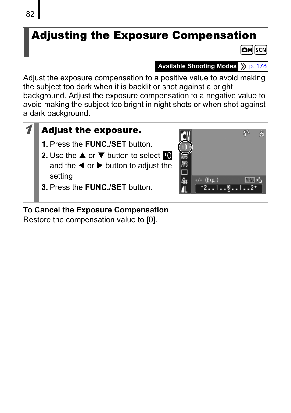 Adjusting the exposure compensation | Canon A470 User Manual | Page 84 / 184