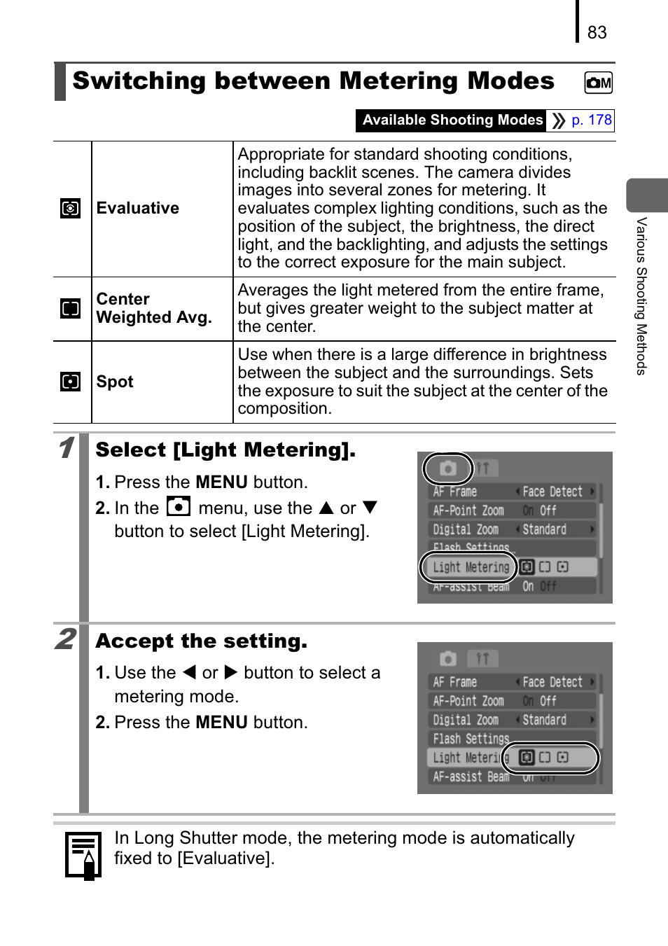 Switching between metering modes | Canon A470 User Manual | Page 85 / 184