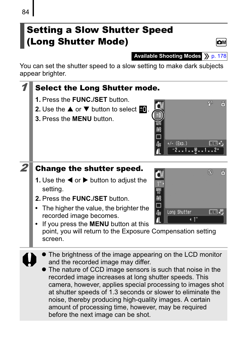 Setting a slow shutter speed (long shutter mode) | Canon A470 User Manual | Page 86 / 184