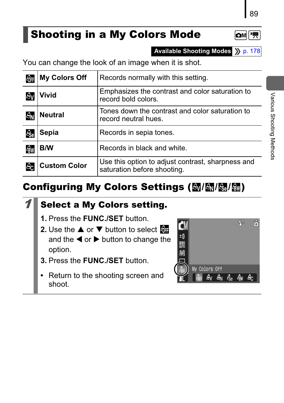 Shooting in a my colors mode, Configuring my colors settings ( / / / ) | Canon A470 User Manual | Page 91 / 184