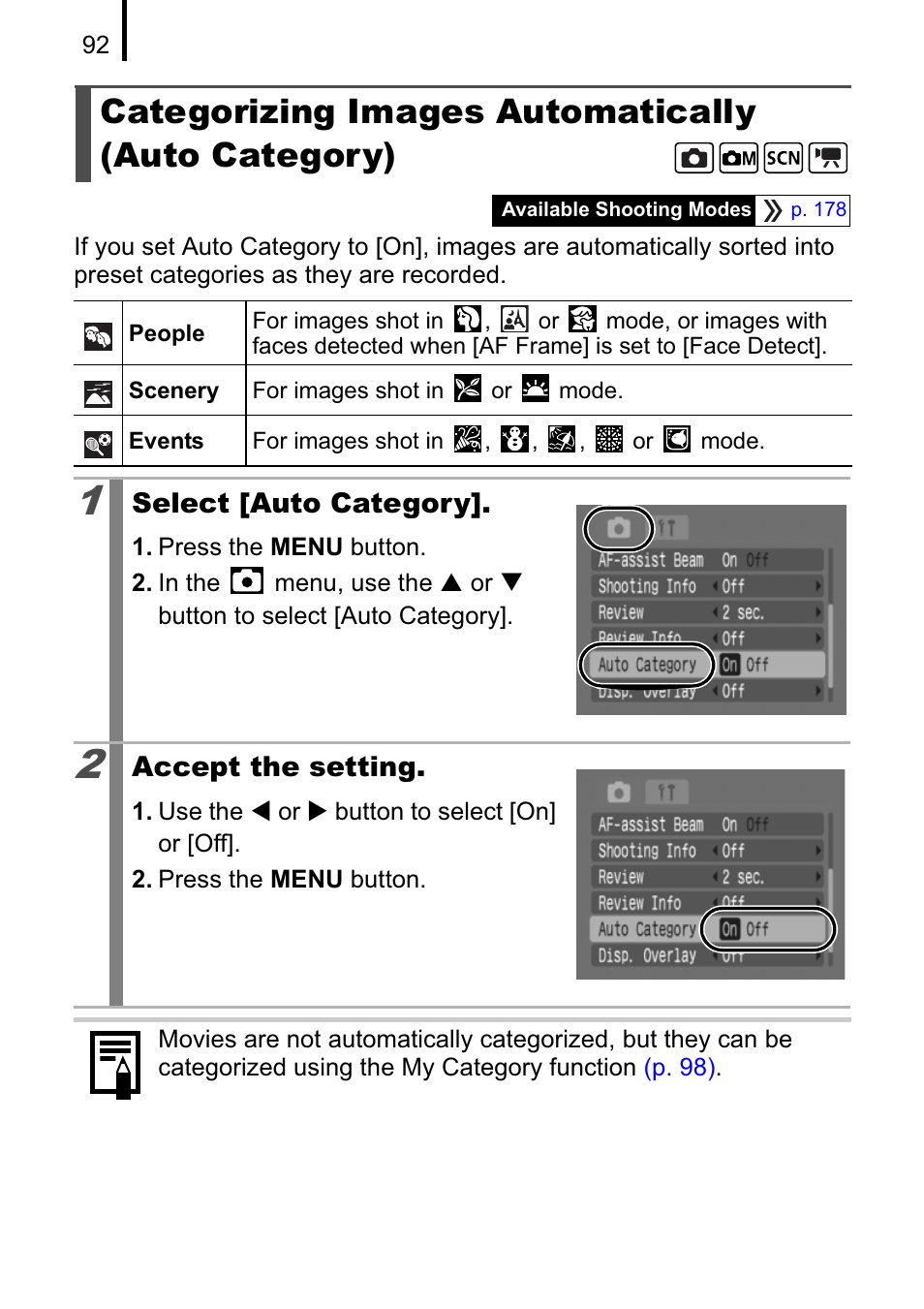 Categorizing images automatically (auto category) | Canon A470 User Manual | Page 94 / 184