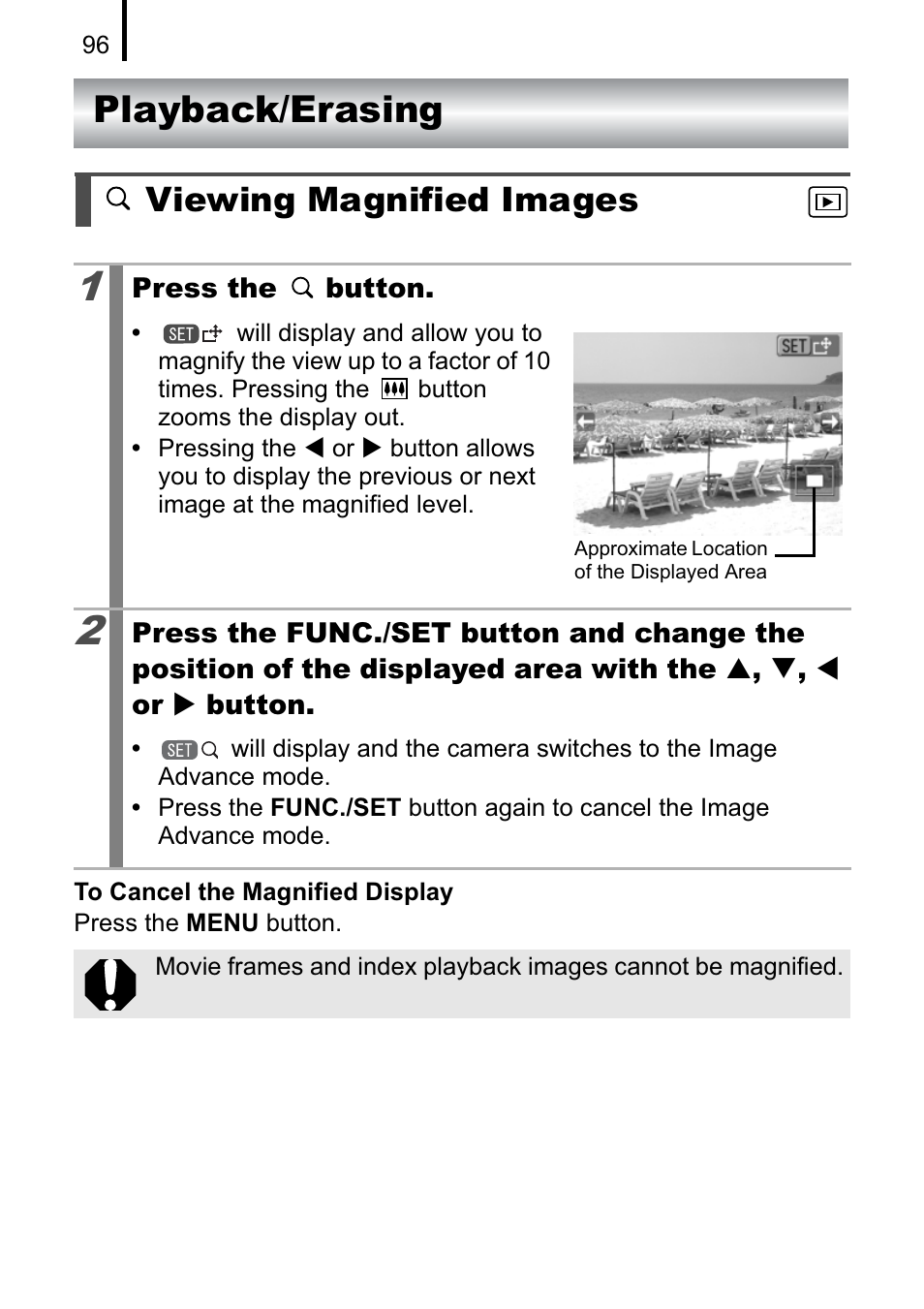 Playback/erasing, Viewing magnified images | Canon A470 User Manual | Page 98 / 184