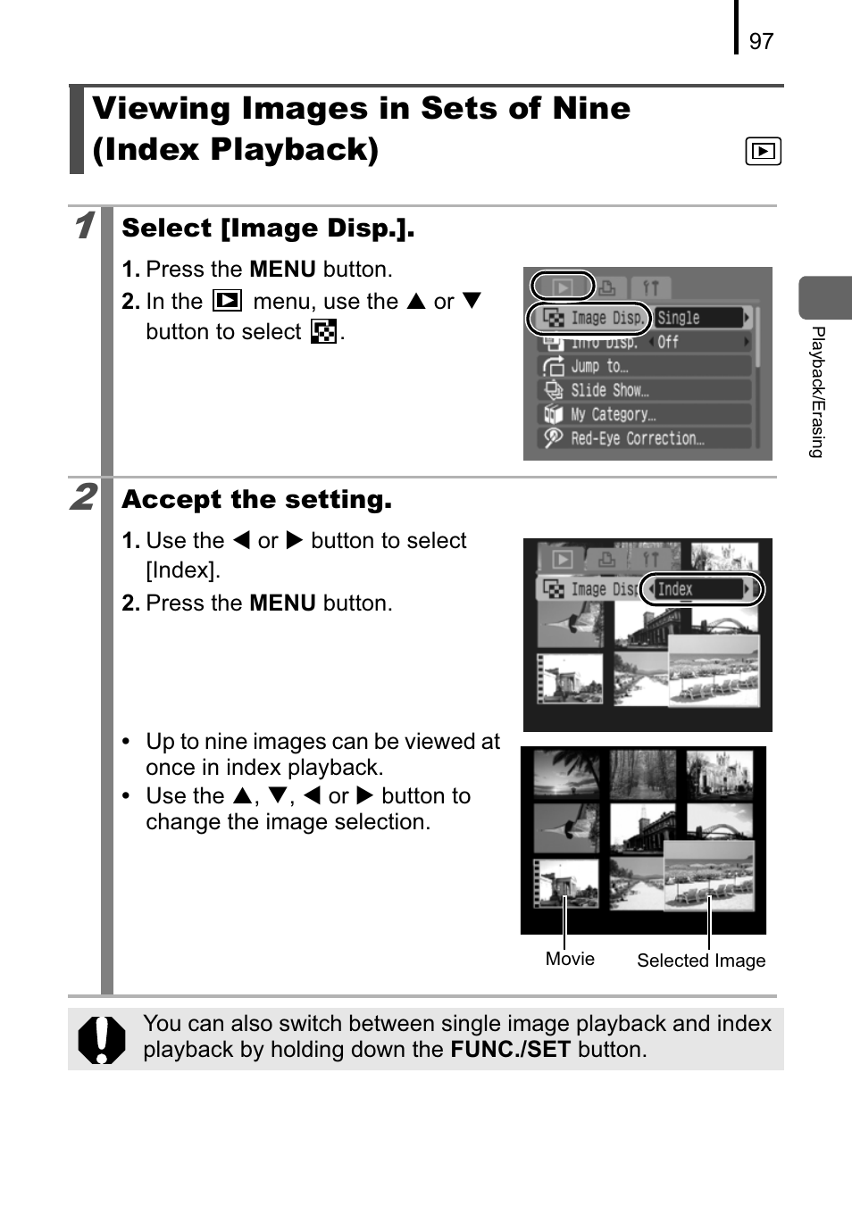 Viewing images in sets of nine (index playback) | Canon A470 User Manual | Page 99 / 184