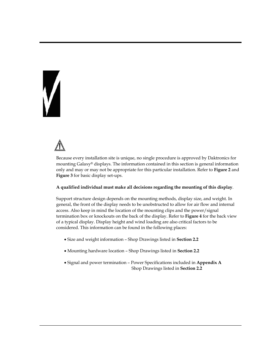 Section 2: mechanical installation, 1 support structure requirements, Section 2 | Mechanical installation, Support structure requirements | Daktronics Galaxy AF-3400 34 mm Monochrome/RGB User Manual | Page 11 / 105