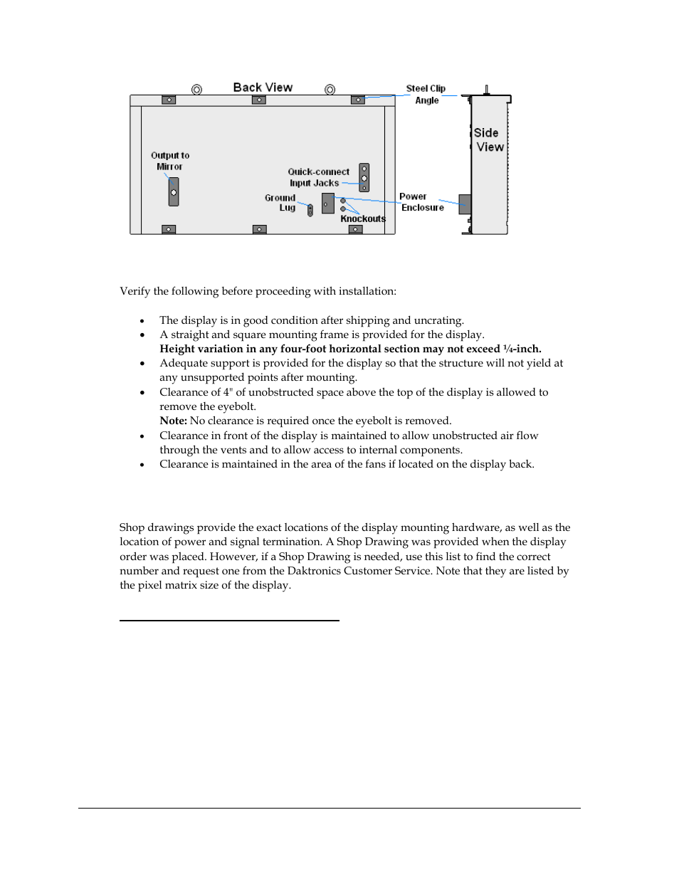 2 list of reference drawings, List of reference drawings, Figure 4: back and side views of typical display | Daktronics Galaxy AF-3400 34 mm Monochrome/RGB User Manual | Page 12 / 105