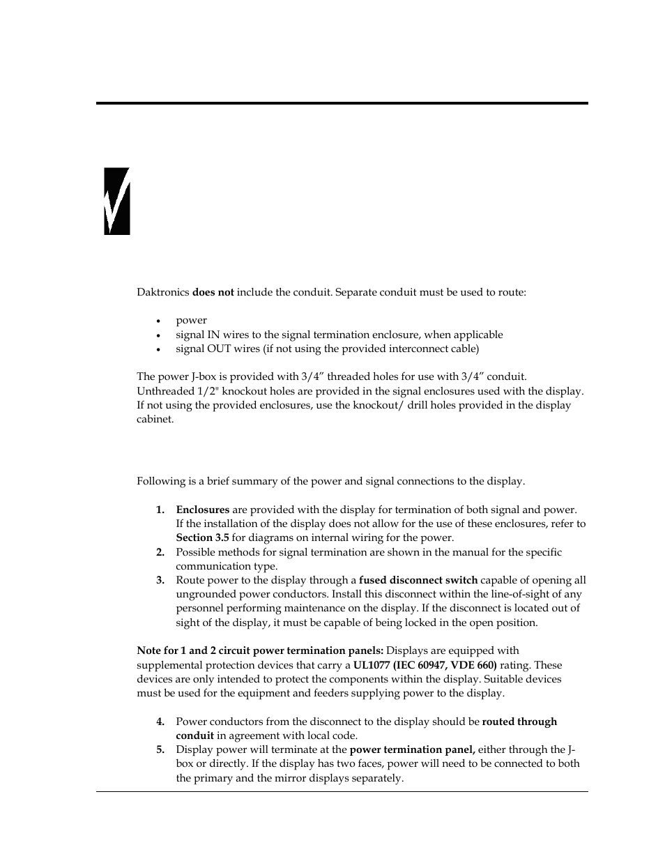 Section 3: power installation, 1 conduit, 2 overview of power/ signal connection | Section 3, Power installation, Conduit, Overview of power/ signal connection | Daktronics Galaxy AF-3400 34 mm Monochrome/RGB User Manual | Page 17 / 105