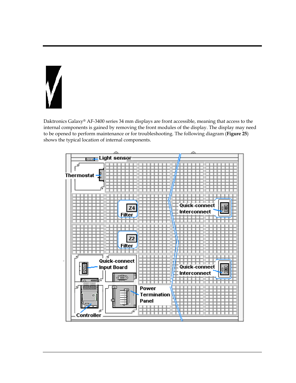 Section 6: maintenance, Section 6, Maintenance | Figure 25: location of internal components | Daktronics Galaxy AF-3400 34 mm Monochrome/RGB User Manual | Page 37 / 105