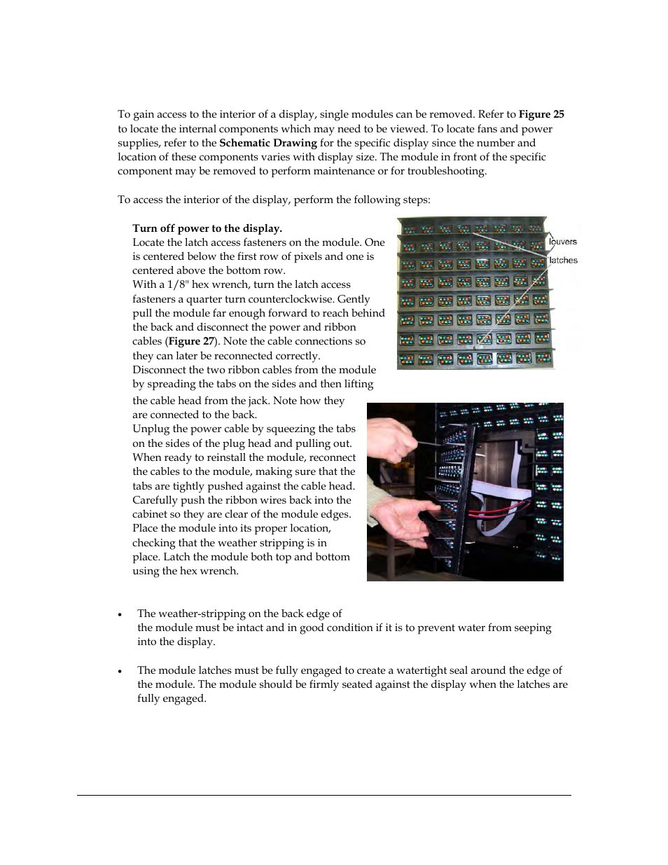 1 display access, Display access, Figure 26: module access locations | Figure 27: removing a module | Daktronics Galaxy AF-3400 34 mm Monochrome/RGB User Manual | Page 38 / 105