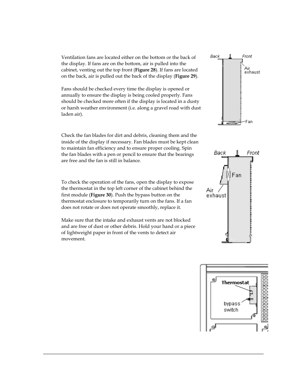 2 ventilation system maintenance, Frequency of inspection, Fan blades | Air flow, Ventilation system maintenance, Figure 28: air exhaust in small displays, Figure 29: air exhaust in larger displays, Figure 30: thermostat | Daktronics Galaxy AF-3400 34 mm Monochrome/RGB User Manual | Page 39 / 105