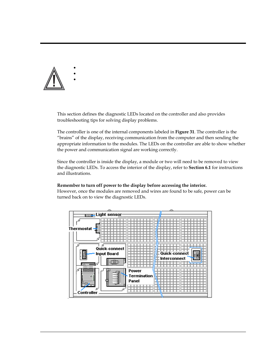 Section 7: diagnostics and troubleshooting, Safety precautions, 1 display interior | Section 7, Diagnostics and troubleshooting, Display interior, Figure 31: interior component locations | Daktronics Galaxy AF-3400 34 mm Monochrome/RGB User Manual | Page 41 / 105