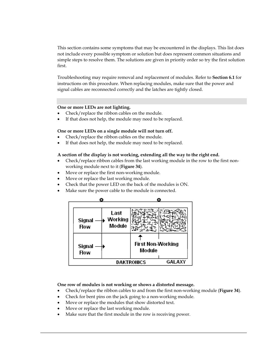 3 troubleshooting display problems, Troubleshooting display problems, Figure 34: modules not working | Daktronics Galaxy AF-3400 34 mm Monochrome/RGB User Manual | Page 43 / 105