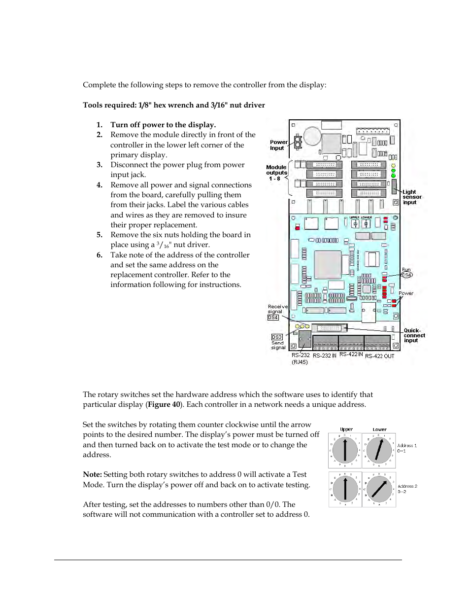 Controller replacement, Figure 39: typical controller, Figure 40: rotary switches | Daktronics Galaxy AF-3400 34 mm Monochrome/RGB User Manual | Page 50 / 105