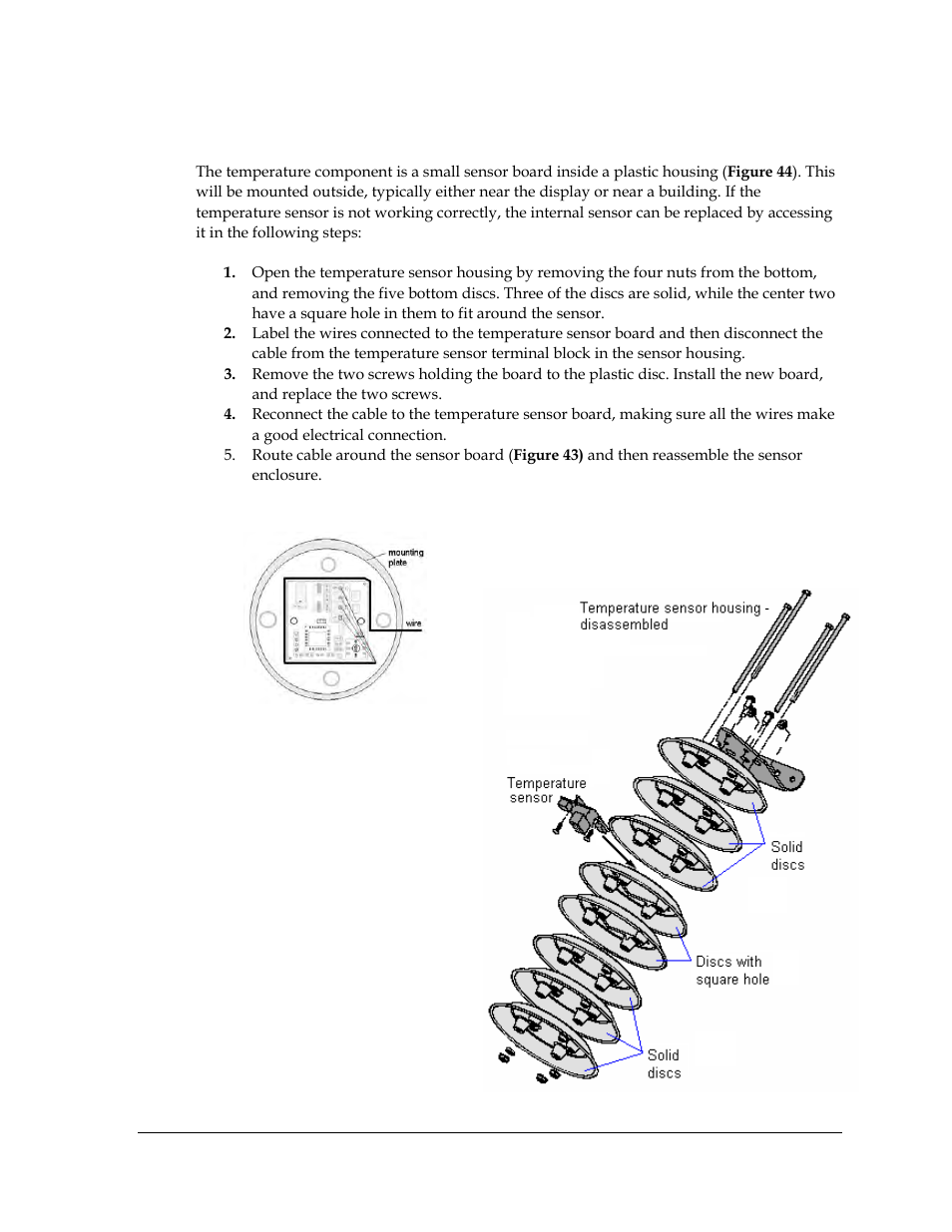 Temperature sensor replacement, Figure 43: wire around sensor board, Figure 44: temperature sensor | Daktronics Galaxy AF-3400 34 mm Monochrome/RGB User Manual | Page 53 / 105