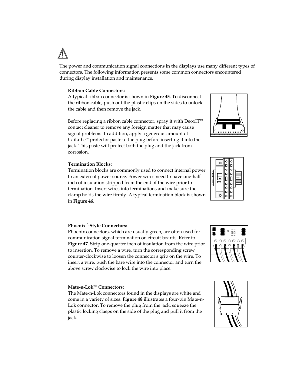 4 common power and signal connectors, Common power and signal connectors, Figure 45: ribbon cable connector | Figure 46: one breaker termination block, Figure 47: phoenix connector, Figure 48: mate-n-lok connector | Daktronics Galaxy AF-3400 34 mm Monochrome/RGB User Manual | Page 55 / 105