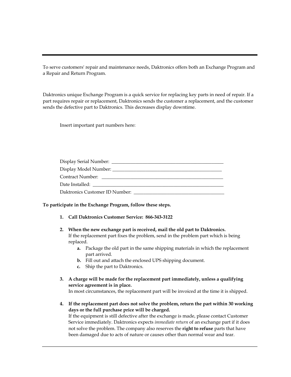 Exchange program, Before contacting daktronics, Section 9 | Daktronics exchange and repair & return programs | Daktronics Galaxy AF-3400 34 mm Monochrome/RGB User Manual | Page 57 / 105