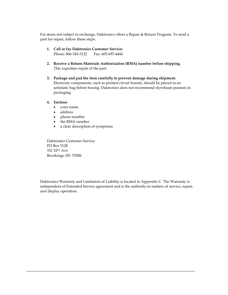 Repair & return program, 1 daktronics warranty and limitation of liability, Daktronics warranty and limitation of liability | Daktronics Galaxy AF-3400 34 mm Monochrome/RGB User Manual | Page 58 / 105