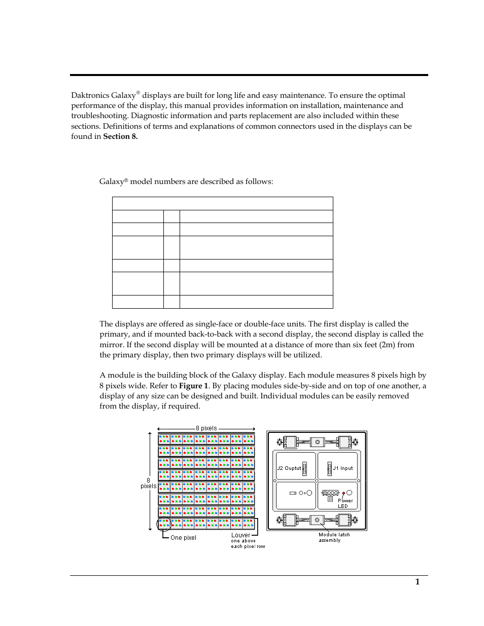 Section 1: overview of the displays, 1 display details, Section 1 | Overview of the displays, Display details, Figure 1: rgb module, front and back | Daktronics Galaxy AF-3400 34 mm Monochrome/RGB User Manual | Page 9 / 105