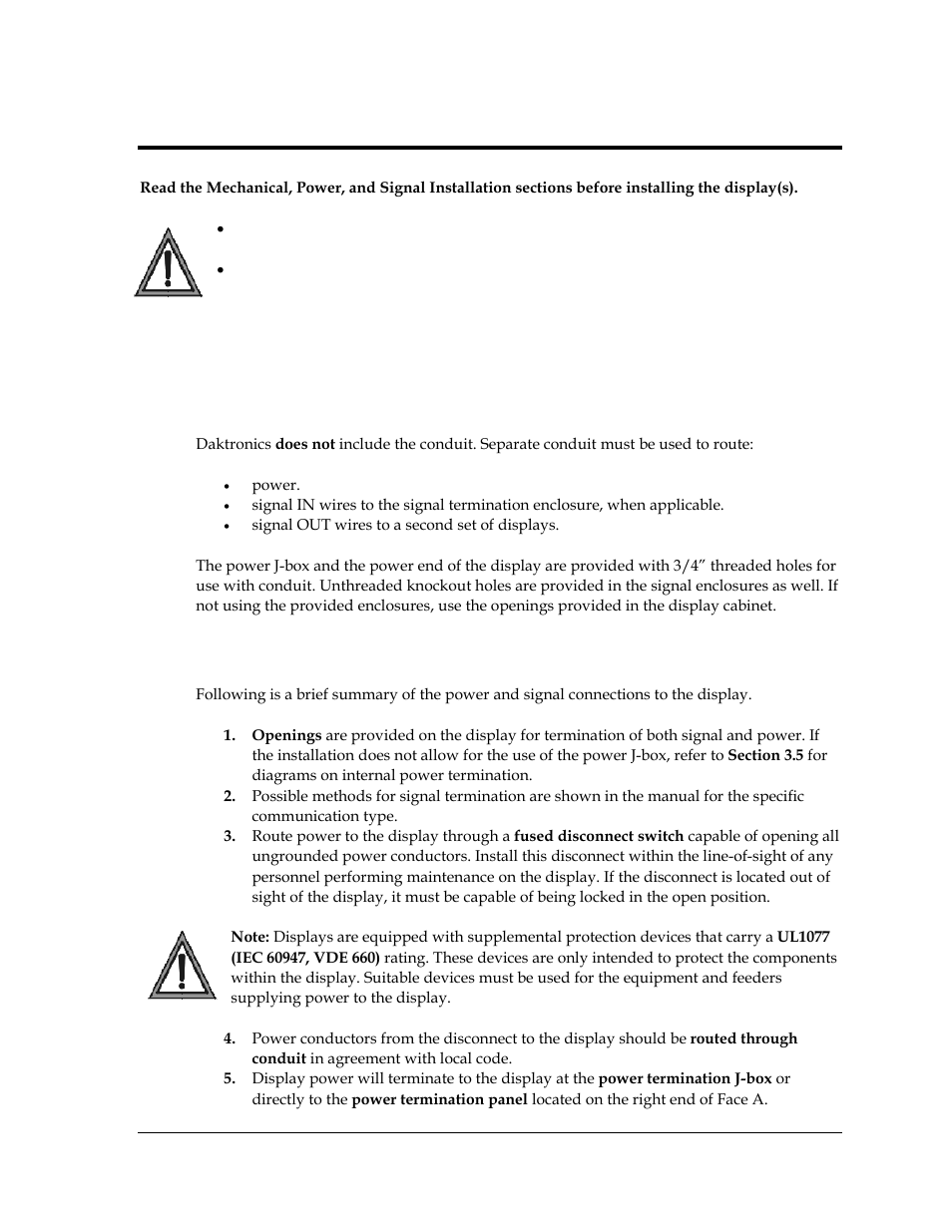 1 conduit, 2 overview of power/ signal connection | Daktronics Galaxy AF-3400 20 mm Monochrome/RGB Double-face Displays User Manual | Page 15 / 59