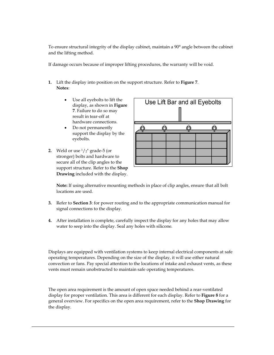 4 display mounting, General mounting procedure, 5 ventilation requirements | Open area requirement for rear ventilation, Display mounting, Ventilation requirements | Daktronics Galaxy AF-3500 Series 46 mm User Manual | Page 10 / 55