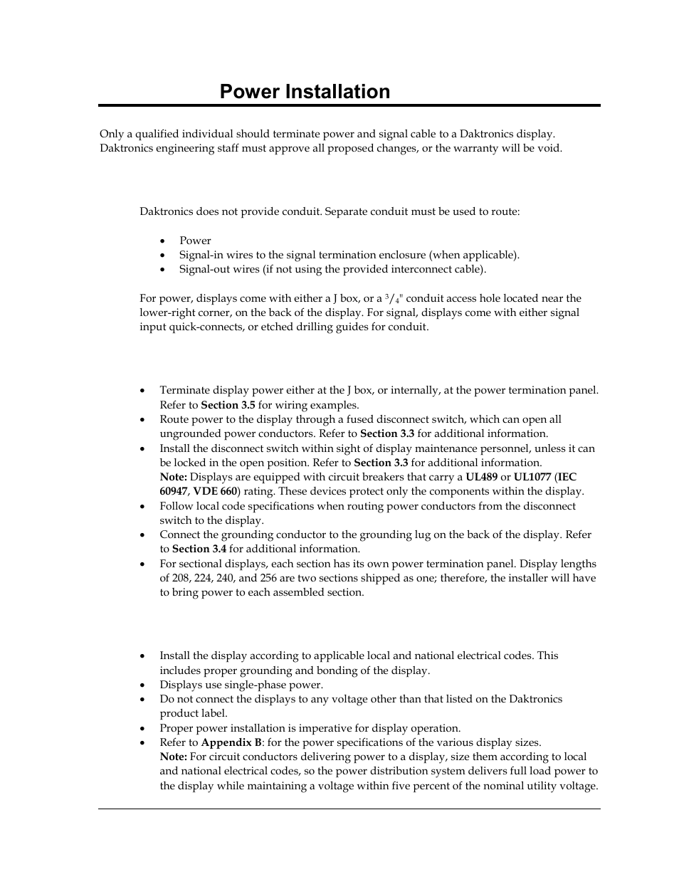 Section 3: power installation, 1 conduit, 2 overview of power connection | 3 power requirements, Section 3, Power installation, Conduit, Overview of power connection, Power requirements | Daktronics Galaxy AF-3500 Series 46 mm User Manual | Page 13 / 55