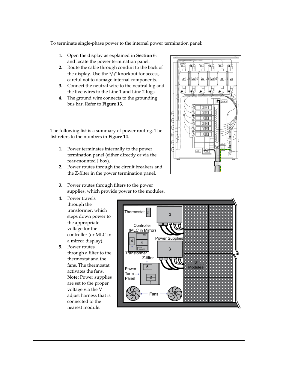 For displays with internal power termination, 6 power routing in the display, Power routing in the display | Daktronics Galaxy AF-3500 Series 46 mm User Manual | Page 16 / 55