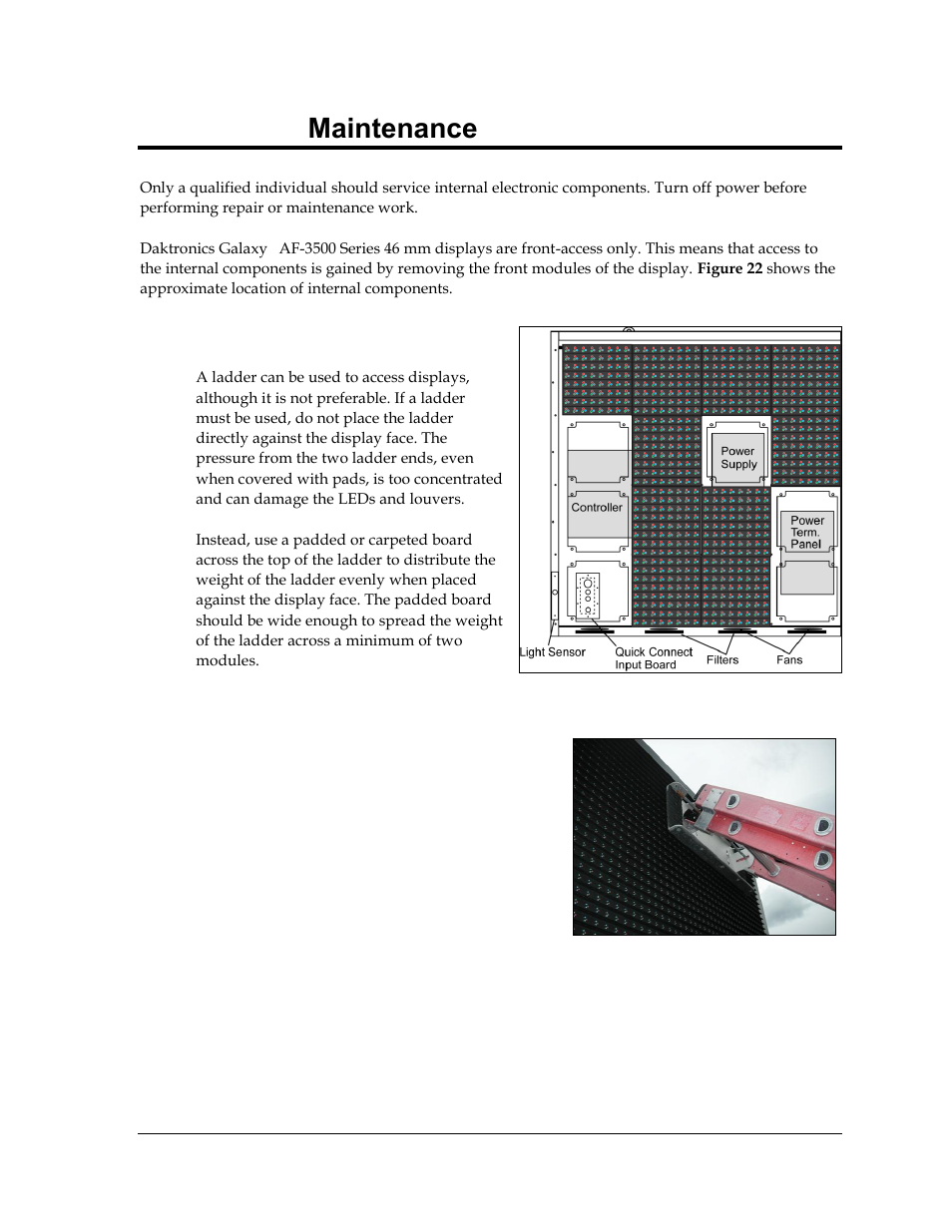 Section 6: maintenance, 1 proper ladder use, Section 6 | Maintenance, Proper ladder use | Daktronics Galaxy AF-3500 Series 46 mm User Manual | Page 23 / 55