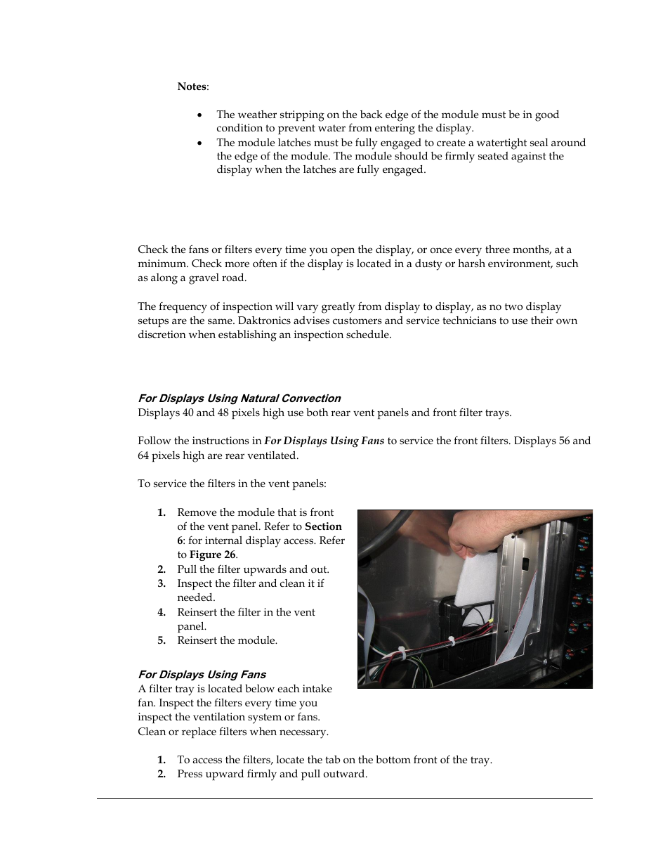 3 ventilation, Frequency of inspection, Filters | For displays using natural convection, For displays using fans, Ventilation | Daktronics Galaxy AF-3500 Series 46 mm User Manual | Page 25 / 55