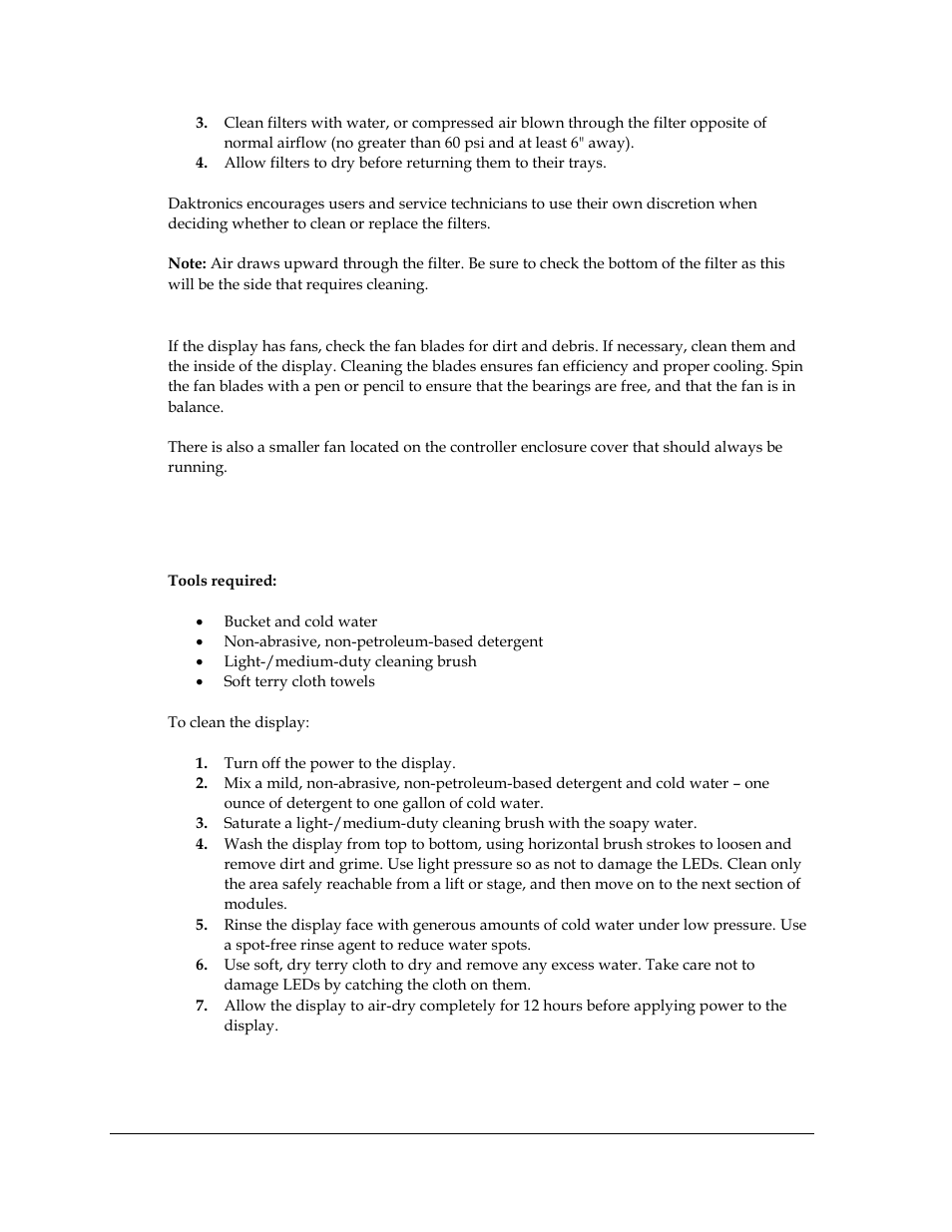 Fan blades, 4 display face cleaning, Wet cleaning process | Display face cleaning | Daktronics Galaxy AF-3500 Series 46 mm User Manual | Page 26 / 55