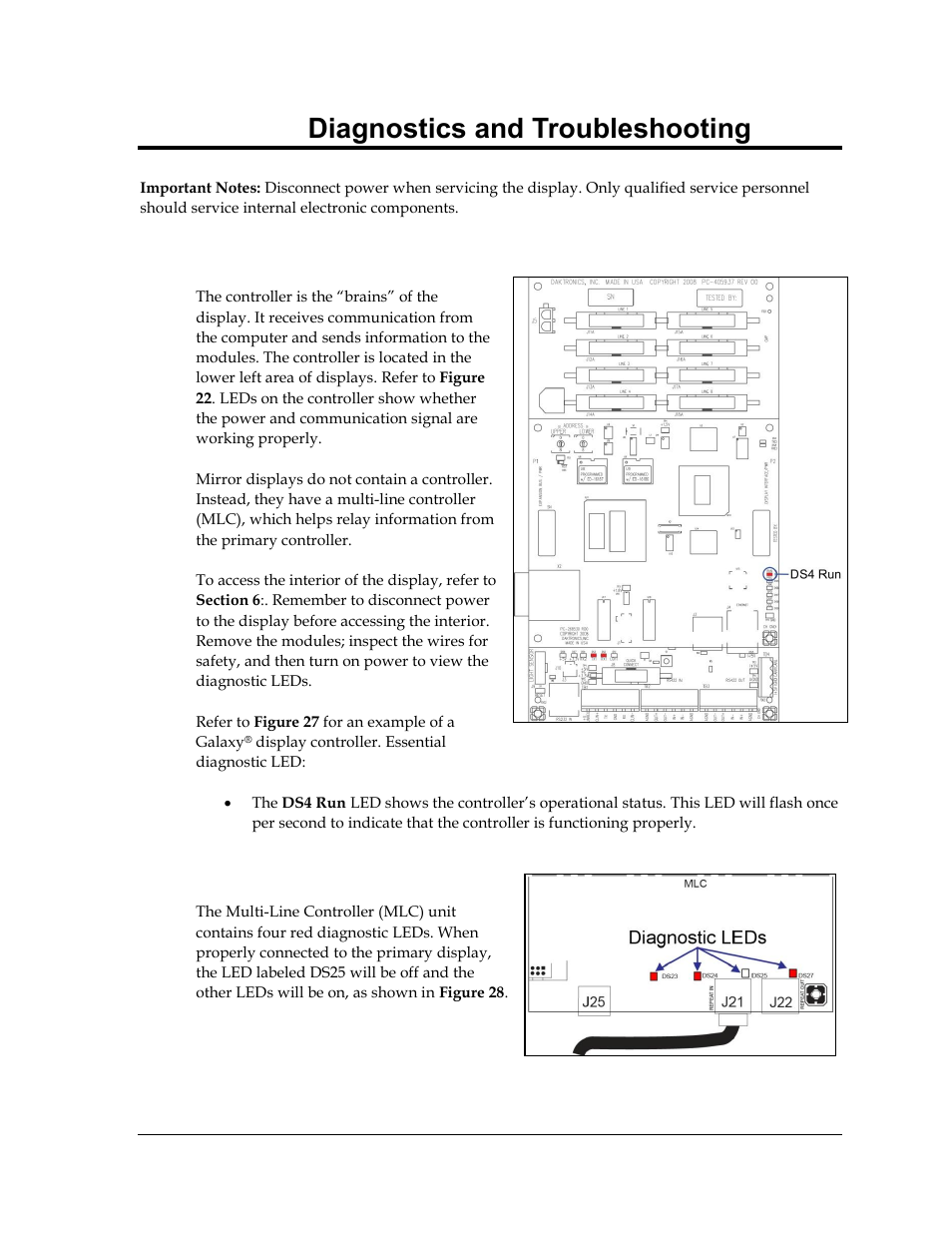 Section 7: diagnostics and troubleshooting, 1 controller diagnostics, 2 mlc diagnostics | Section 7, Diagnostics and troubleshooting, Controller diagnostics, Mlc diagnostics | Daktronics Galaxy AF-3500 Series 46 mm User Manual | Page 29 / 55