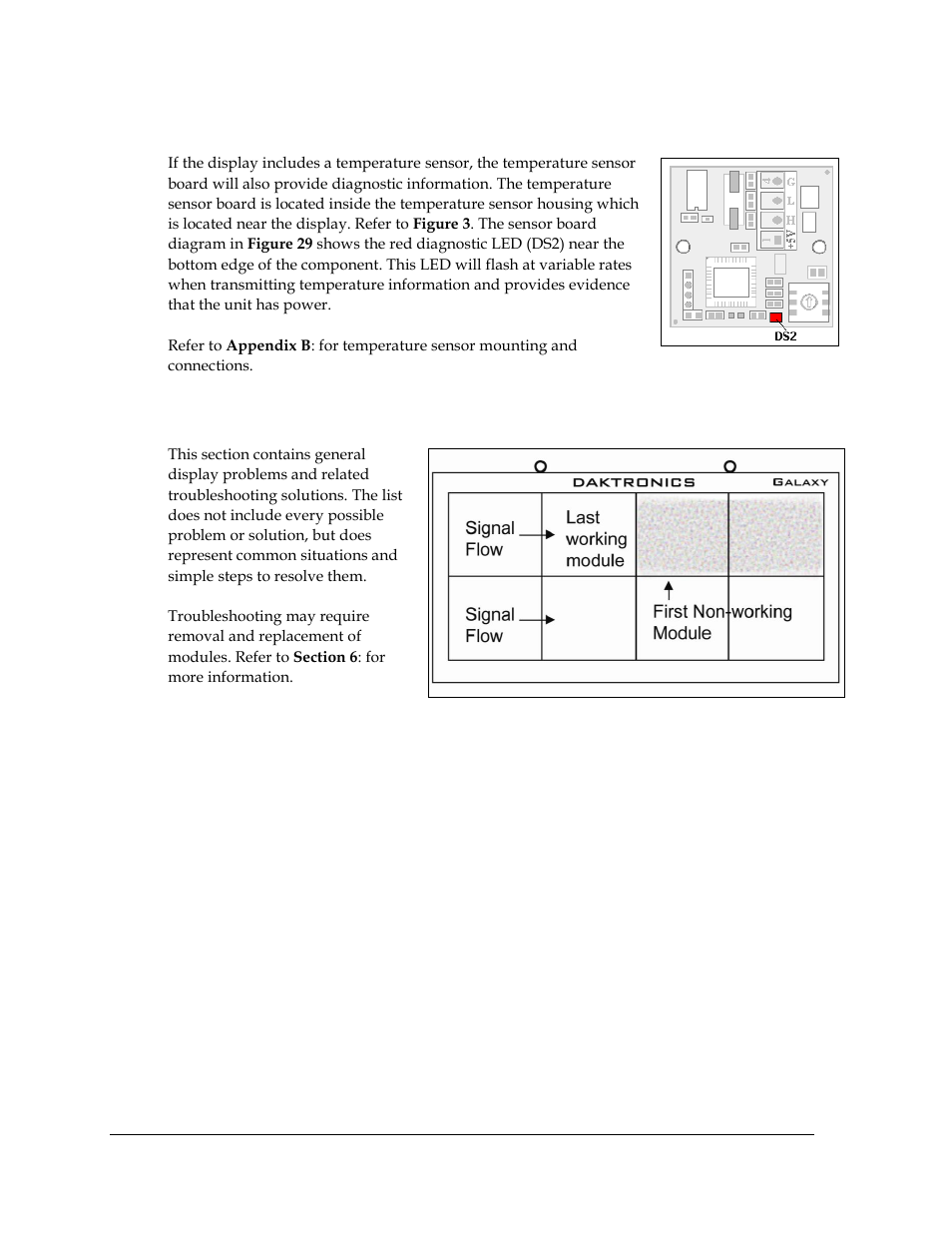 3 temperature sensor diagnostic, 4 troubleshooting display problems, Temperature sensor diagnostic | Troubleshooting display problems | Daktronics Galaxy AF-3500 Series 46 mm User Manual | Page 30 / 55