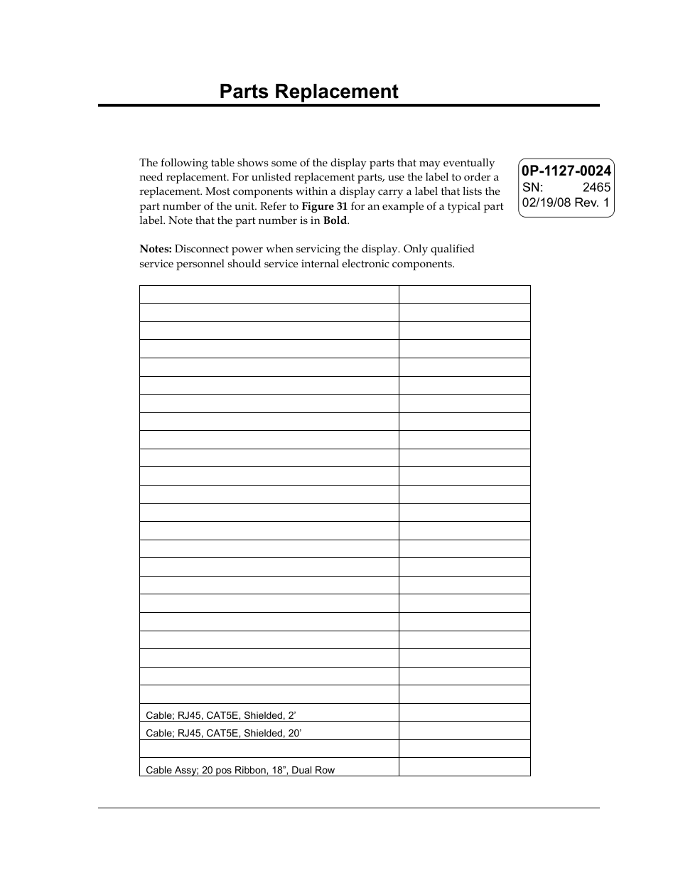 Section 8: parts replacement, 1 parts replacement list, Section 8 | Parts replacement, Parts replacement list | Daktronics Galaxy AF-3500 Series 46 mm User Manual | Page 35 / 55