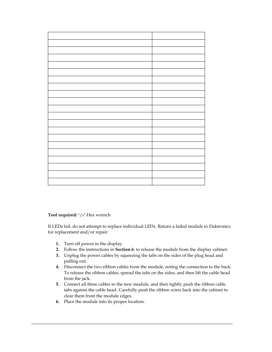 2 instructions for replacing parts, Module replacement, Instructions for replacing parts | Daktronics Galaxy AF-3500 Series 46 mm User Manual | Page 36 / 55