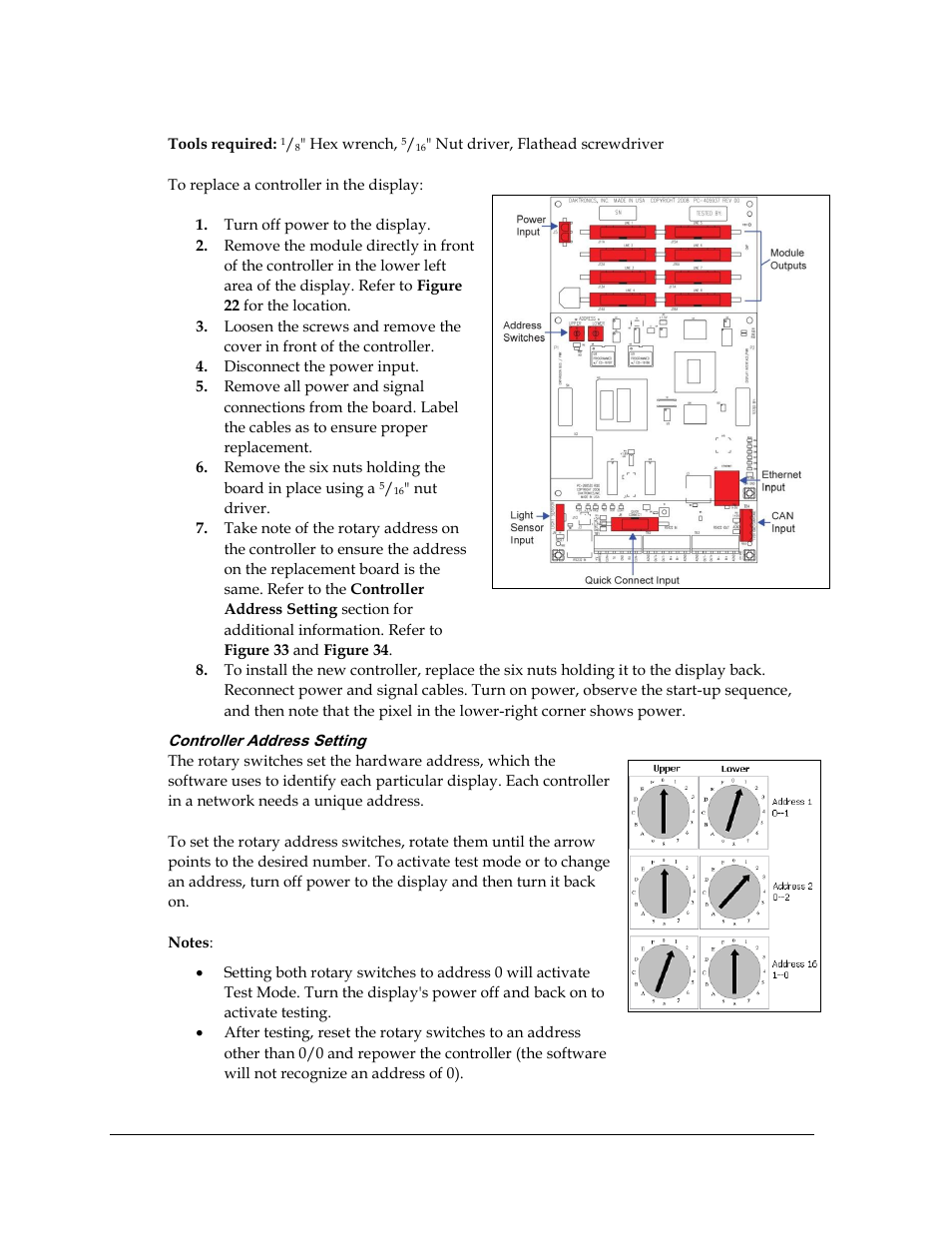 Controller replacement, Controller address setting | Daktronics Galaxy AF-3500 Series 46 mm User Manual | Page 38 / 55
