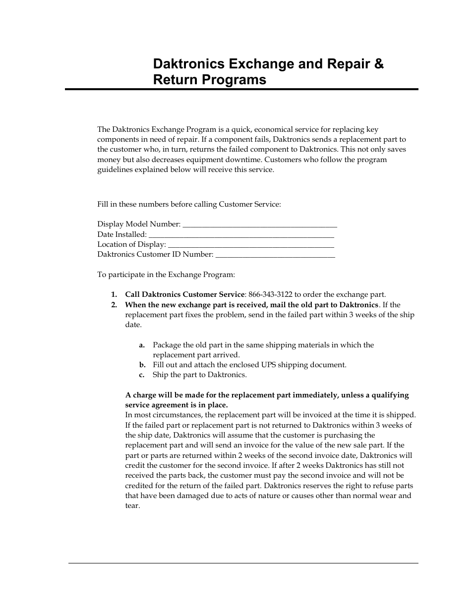 1 exchange program, Before contacting daktronics, Section 9 | Daktronics exchange and repair & return programs, Exchange program | Daktronics Galaxy AF-3500 Series 46 mm User Manual | Page 43 / 55