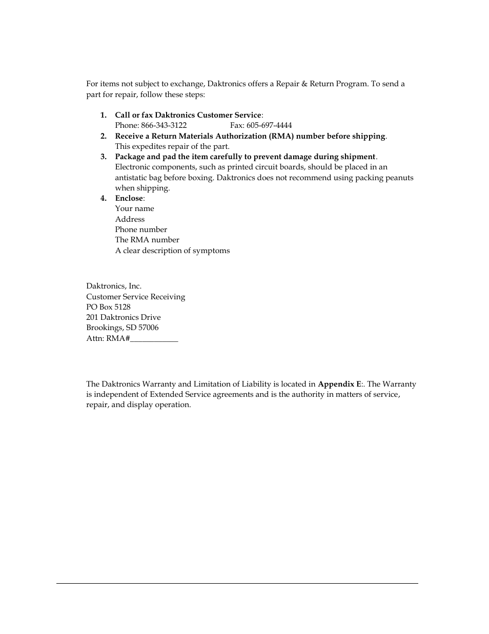 2 repair & return program, Shipping address, 3 daktronics warranty and limitation of liability | Repair & return program, Daktronics warranty and limitation of liability | Daktronics Galaxy AF-3500 Series 46 mm User Manual | Page 44 / 55