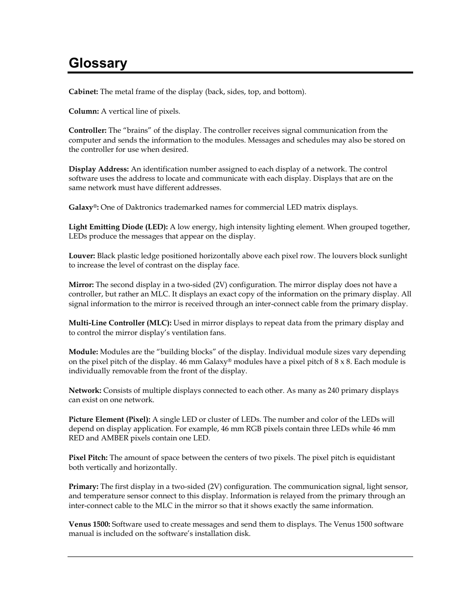 Glossary | Daktronics Galaxy AF-3500 Series 46 mm User Manual | Page 45 / 55