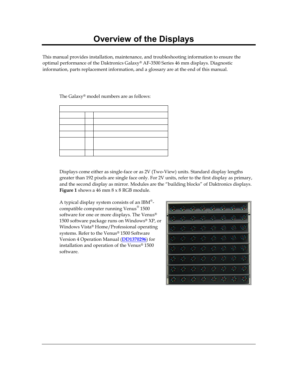 Section 1: overview of the displays, 1 display details, Section 1 | Overview of the displays, Display details | Daktronics Galaxy AF-3500 Series 46 mm User Manual | Page 5 / 55