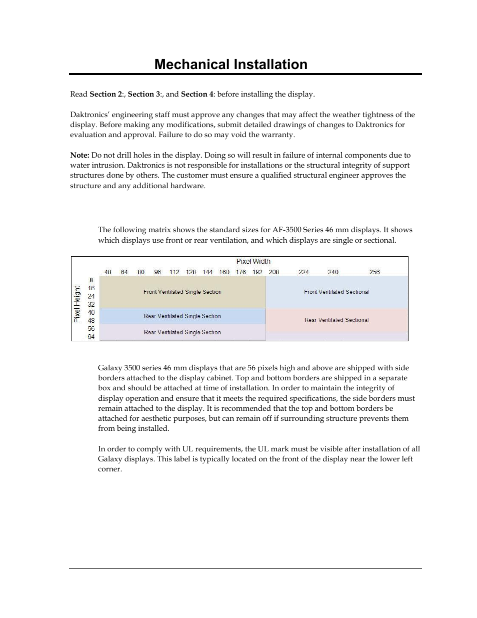 Section 2: mechanical installation, 1 display identification, Section 2 | Mechanical installation, Display identification | Daktronics Galaxy AF-3500 Series 46 mm User Manual | Page 7 / 55