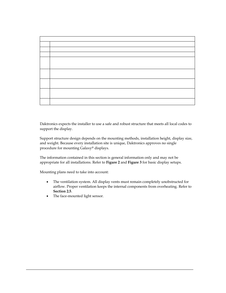 2 pre-installation checklist, 3 support structure requirements, Pre-installation checklist | Support structure requirements | Daktronics Galaxy AF-3500 Series 46 mm User Manual | Page 8 / 55