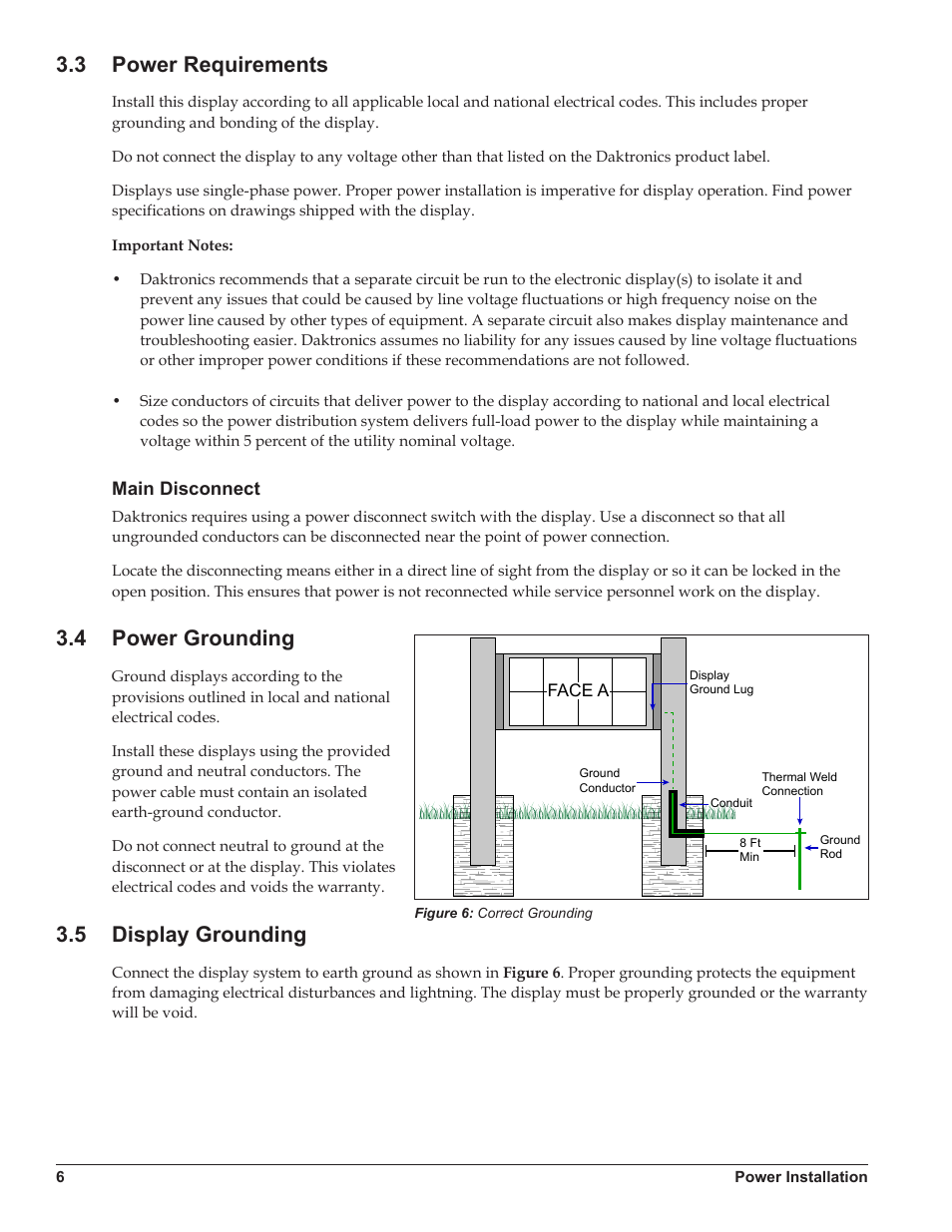 3 power requirements, Main disconnect, 4 power grounding | 5 display grounding, Power requirements, Power grounding, Display grounding | Daktronics Galaxy AF-3500 Series Double Face User Manual | Page 10 / 41