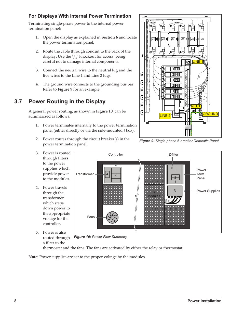 For displays with internal power termination, 7 power routing in the display, Power routing in the display | 8power installation | Daktronics Galaxy AF-3500 Series Double Face User Manual | Page 12 / 41